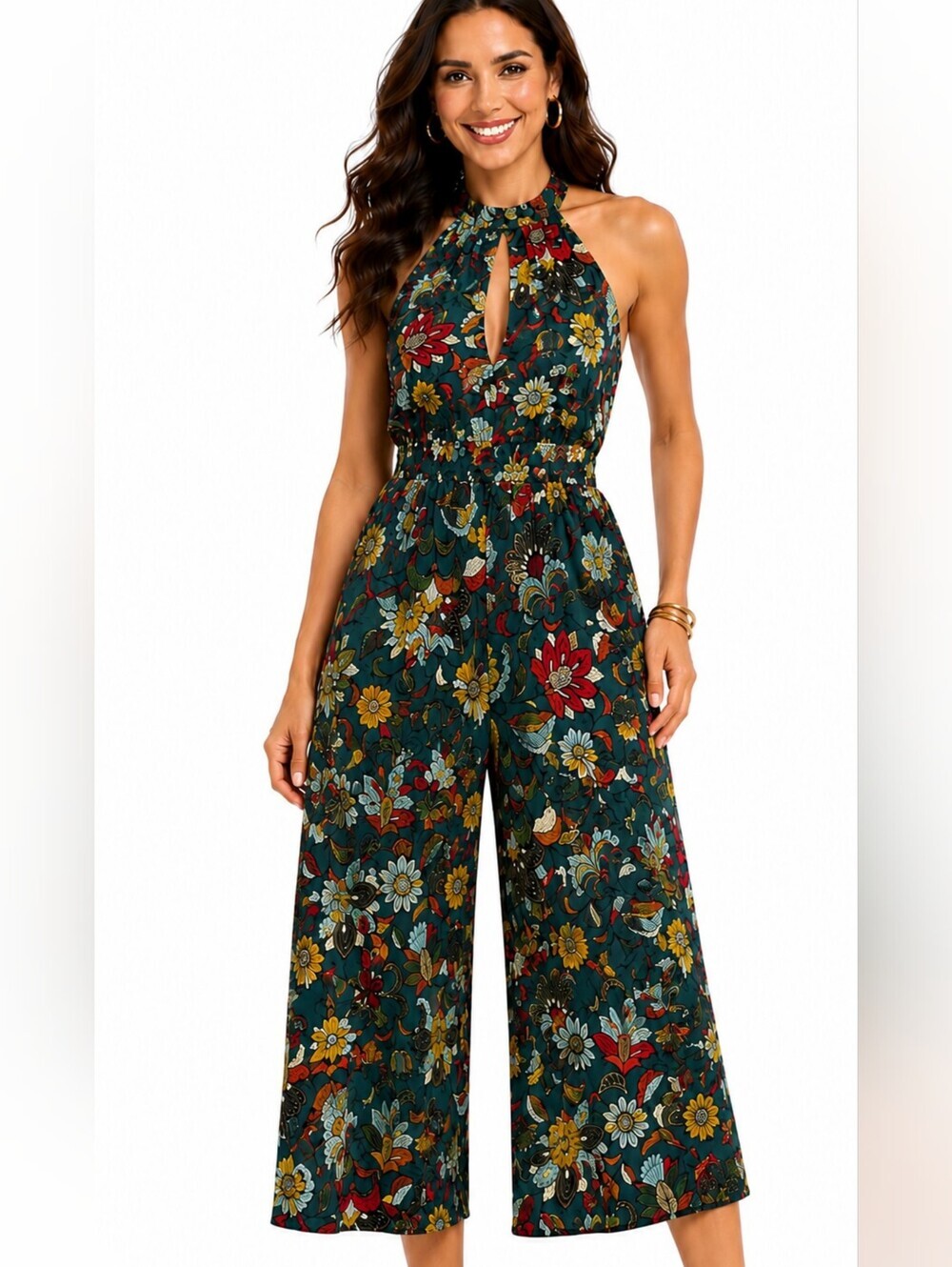 Anthropologie Teal Floral Halter Floral Wide-Leg Jumpsuit Medium